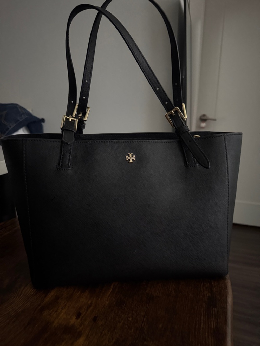 Tory Burch Black Leather Tote with Gold Logo
